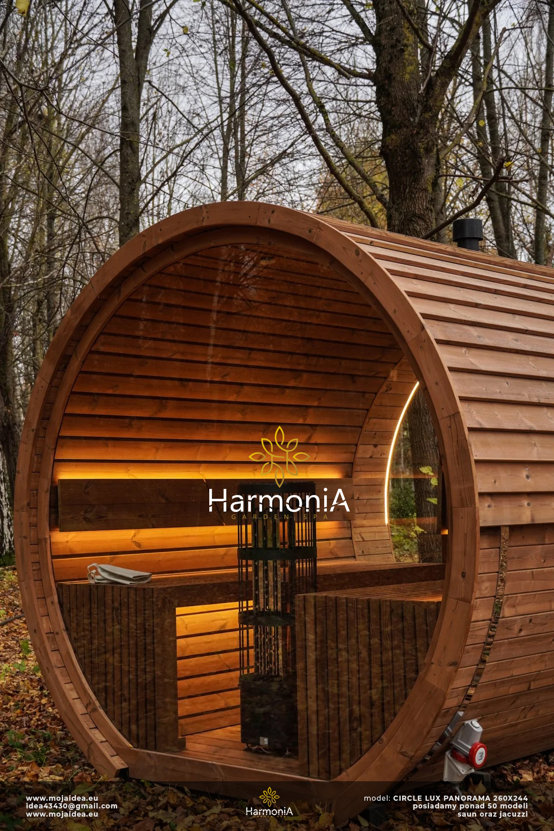 sauna ogrodowa, CIRCLE LUX 2XPANORAMA 250X244 BECZKA THERMOWOOD